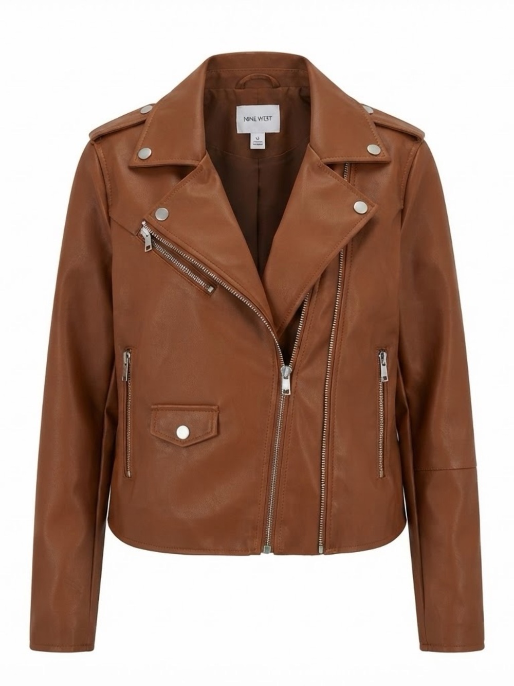Nine West Brown Faux Leather Moto Biker Jacket Women’s Size XS Zip Pockets